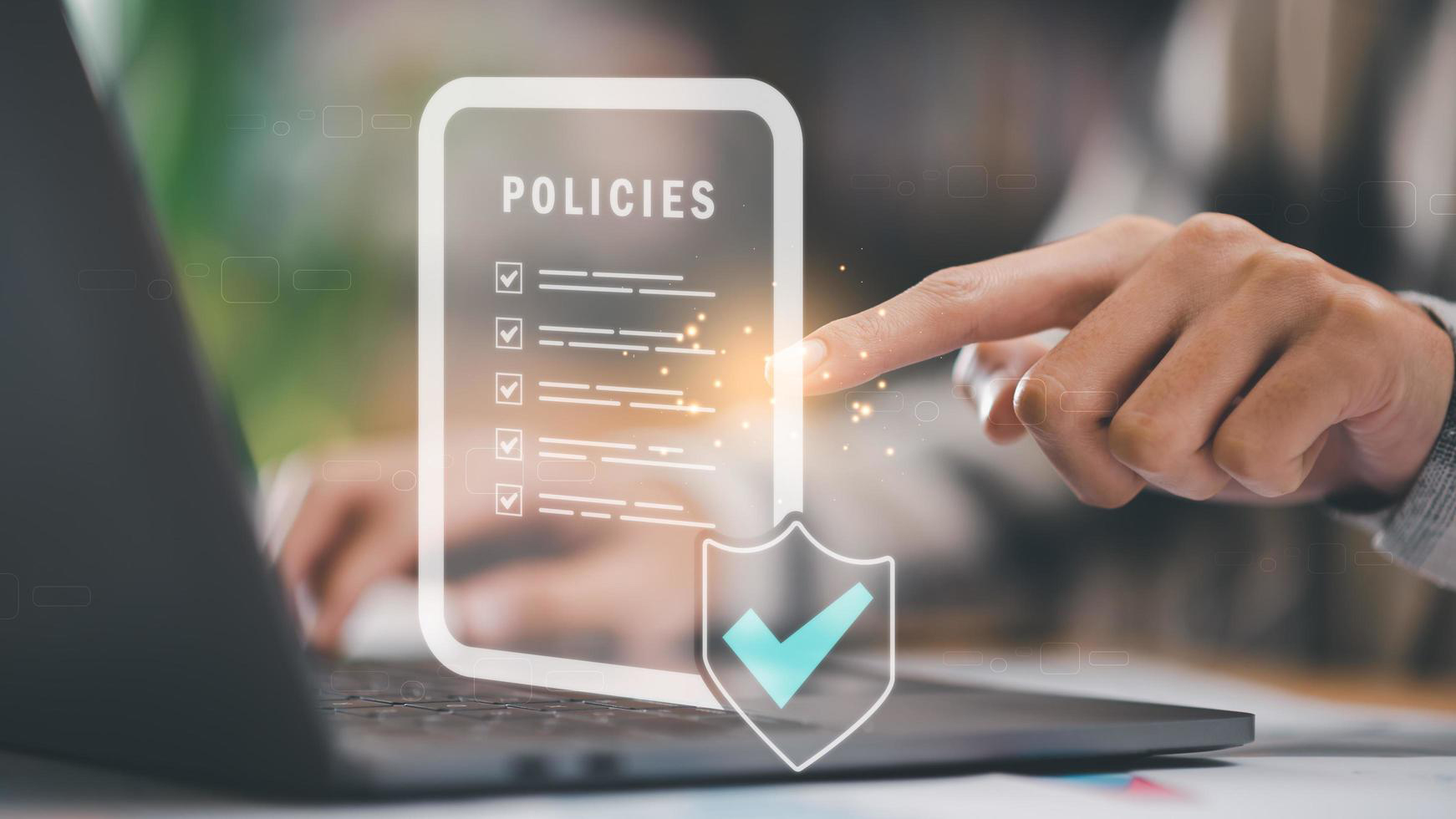Businessman checking the steps through a virtual online document with a list of checkboxes concepts of practices and policies company articles of association terms and conditions corporate documents free p